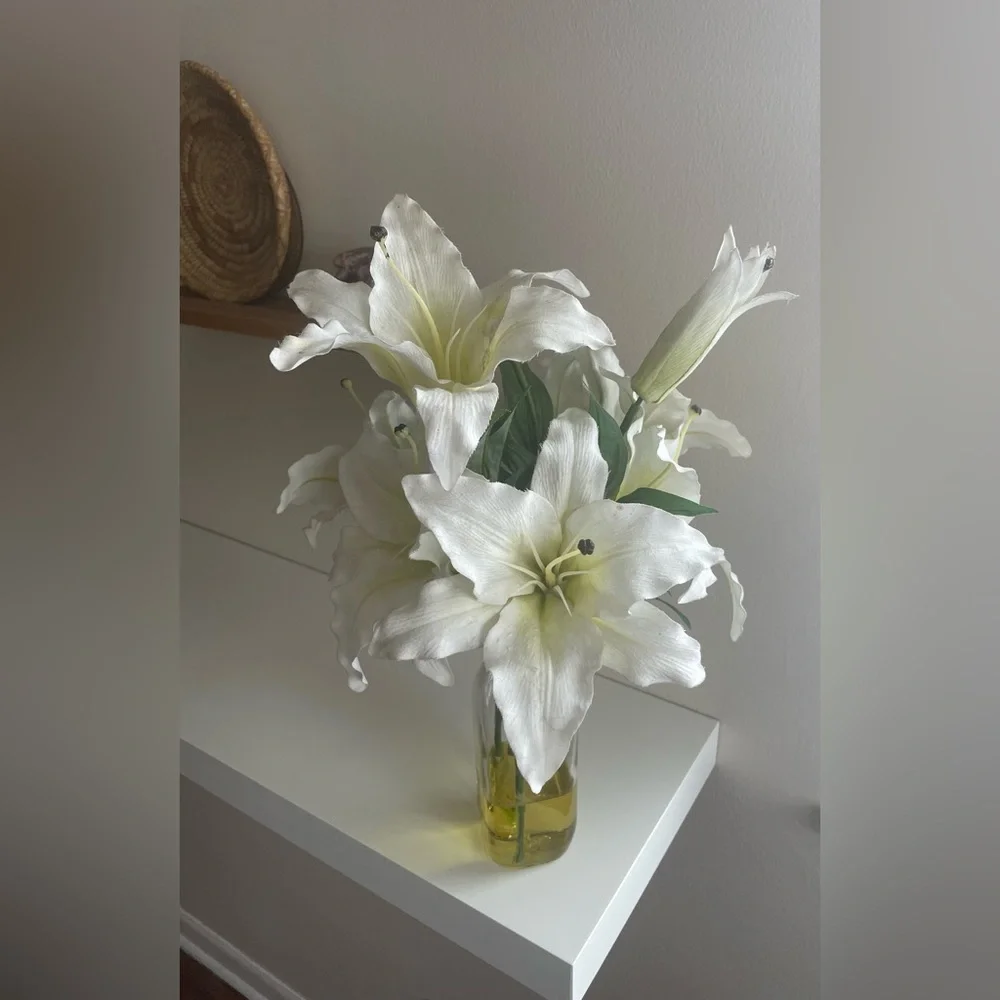 Faux White Lily Arrangement in Glass Vase